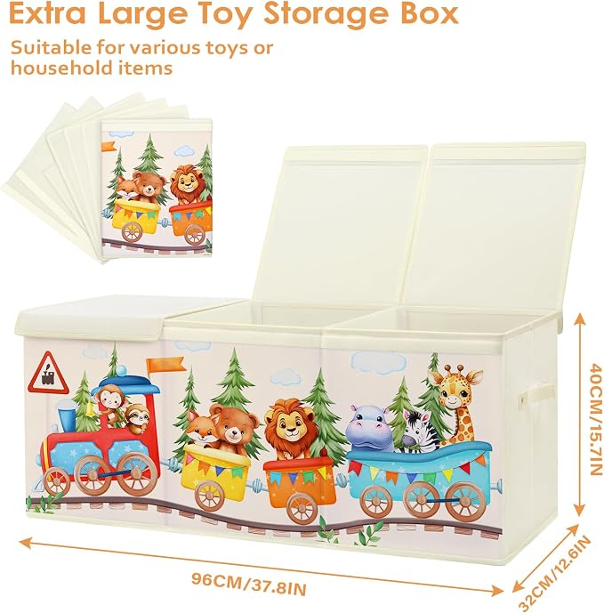 Large Toy Box Chest Organizer with Flip Lid for Kids, Collapsible Oxford Toy Storage Box with Handles for Boys Girls, Sturdy Waterproof Storage Organizer for Bedroom Playroom Nursery, 37.7×12.5×15.7''