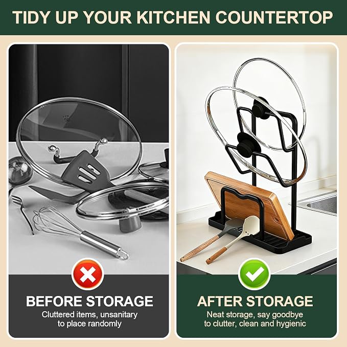 Kitchen Pot Lid Storage Rack: Carbon Steel Double Layer Pot Lid Organizer with Tray, Multifunctional Pot Lid Holder While Cooking, Saving Space Organizer Storage for Kitchen Countertop (Black)