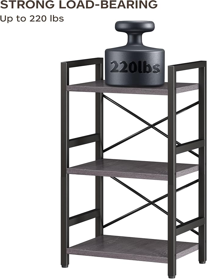 Homeiju Bookshelf, 3 Tier Industrial Bookcase, Metal Small Bookcase, Rustic Etagere Book Shelf Storage Organizer for Living Room, Bedroom, and Home Office(Grey) Patent Pending D29873033