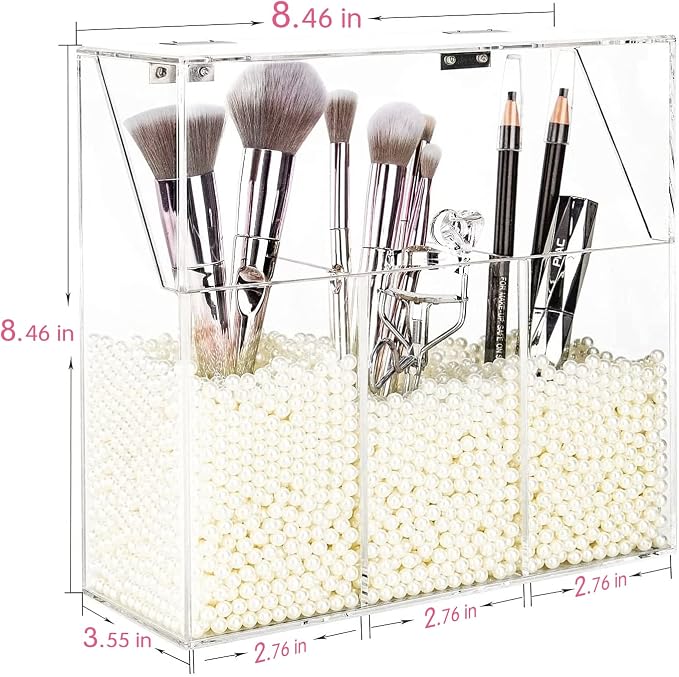 YestBuy Clear Makeup Brush Holder, Acrylic Makeup Brush Organizer For Vanity, Cosmetic Brush Storage Box with Pearls, For Bathroom, Bedroom, Vanity Countertop
