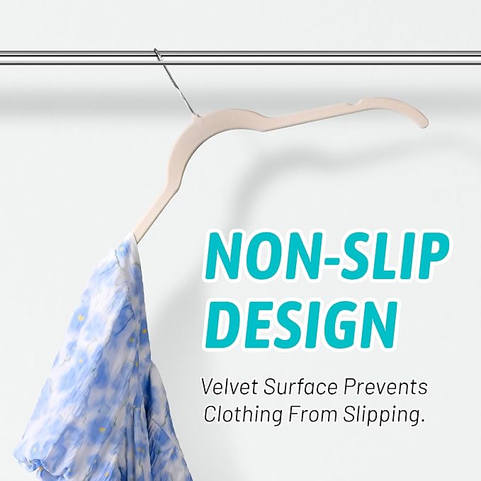 Sishynio Velvet Hangers 100 Pack, Slim Non Slip Clothes Hangers for Closet Organization, Flocked Felt Shirt Hangers with 360° Swivel Hooks, Space Saving Hangers for Dresses, Blouses, Pants(Beige)
