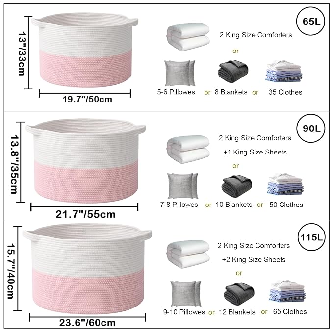 90L Extra Large Pink Woven Cotton Rope Basket with Handles, Kids Nursery Laundry Hamper for Toys, Blankets, Pillows & Comforters, Cute Storage Bin for Bedroom & Playroom