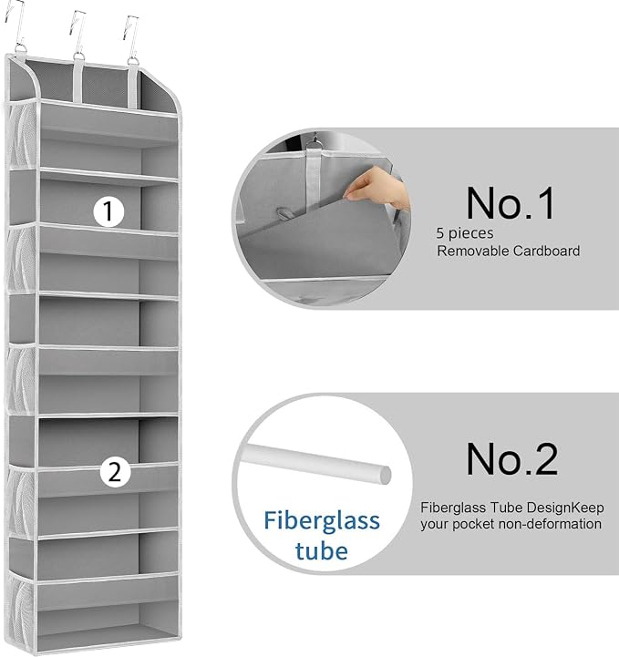 TAHAVICE 2 Pack Over the Door Storage Organizer, 5 Large & 10 Mesh Pockets | Hanging Storage Organizer with 40lb Capacity and Door Storage Space Saving for Bedroom,Bathroom,Nursery,Babyroom(Light Gray)