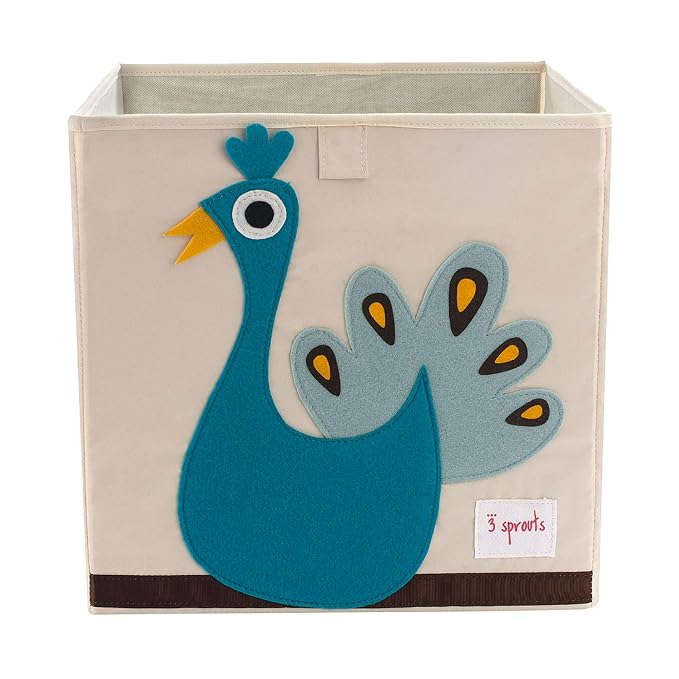 3 Sprouts Toy Storage Cube Bin, Foldable Storage Box, Peacock | Foldable organizer, Playroom or nursery toy storage, Cube shelf compatible, Toys books clothes storage, Folds flat