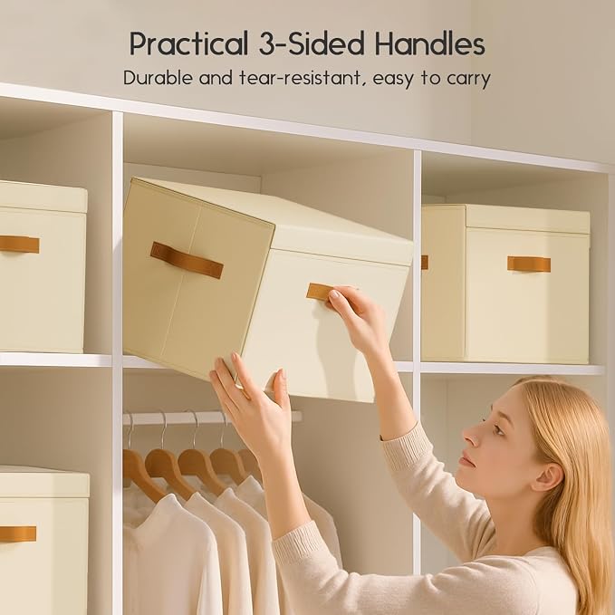 Homsorout Large Storage Bins with Lids - Front Opening Fabric Storage Bins, Flap Closet Organizer with Handles, Collapsible Boxes with Lid, Decorative Basket for Home, Dorm, 4 Pack, Beige