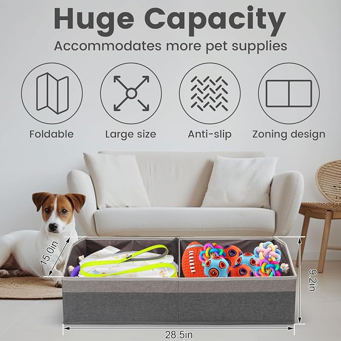 Large Dog Toy Basket with Handle, Foldable Dog Toy Box for Living Room Area , 28.5" Basket for Dog's Supplies, Organizer and Storage with Hard Board, Anti-Slip for Pet Toys (Gray, Large 28.5"×15")