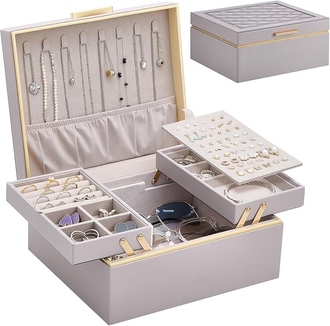 Lolalet Jewelry Box Organizer for Women Girls, 2 Layer Jewelry Organizers and Storage for Necklace Earrings Rings Bracelets, Large Jewellery Holder Case Birthday Gifts -HazePurple