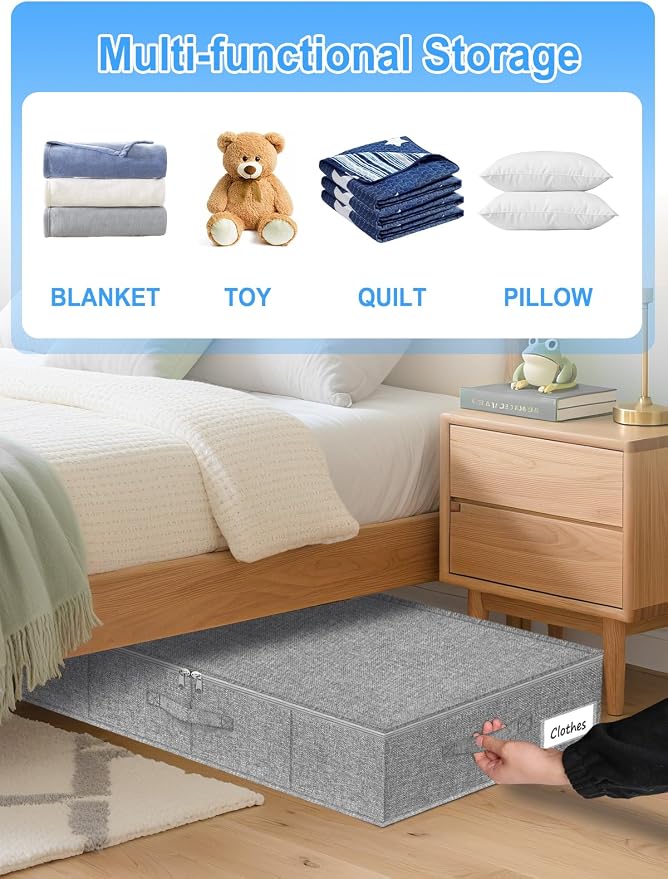 6.7-Inch Tall Under Bed Storage Container, Underbed Storage Bin w/Rigid Sides & Bottom, Large Under-Bed Clothes Organizer with Zippered Lid for Bedroom, Dorm, Sofa, 30x15x6.7 Inches, Gray