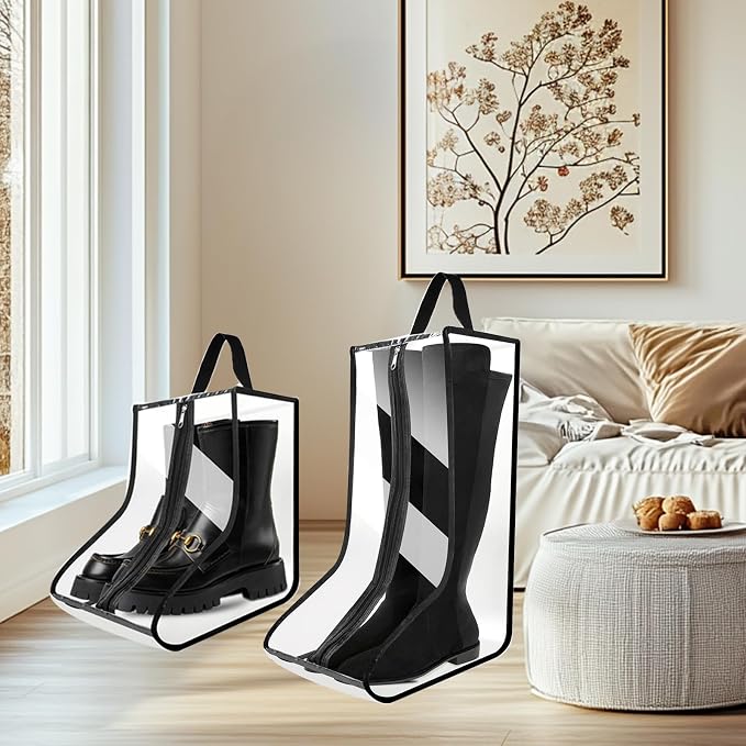 4Pack Boot Bags for Cowboy Boots Portable Tall Boot Storage Organizer Shoe Bags for Travel with Dust Covers (Clear Black))