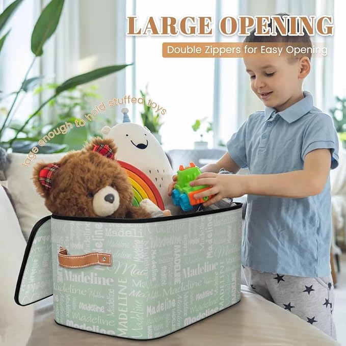 Custom Storage Basket with Name, Personalized Keepsake Box with Zipper Lid, Foldable Fabric Memory Bin Large capacity with Handle Green