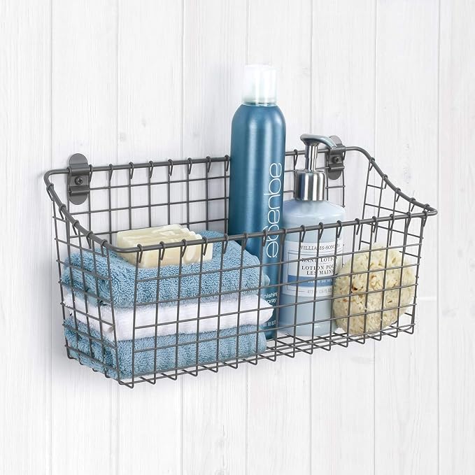 Spectrum Extra Large Wire Wall Mount Storage Basket Industrial Gray, Vintage Wire Basket Wall Mount Organizer Modern for Pantry Kitchen and Bath, Versatile Wall Mount Storage Basket Wire Caddy