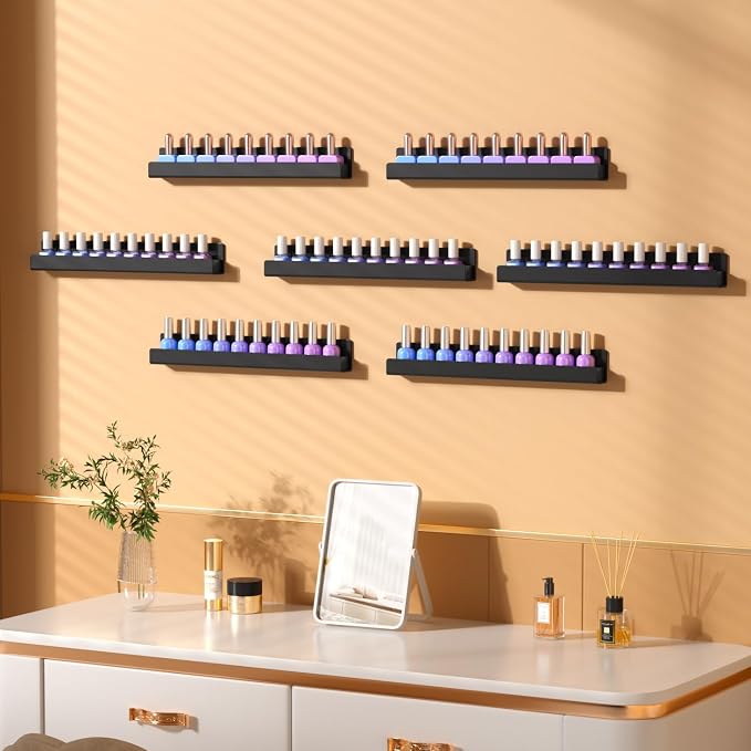 NIUBEE 6 Pack Nail Polish Rack Wall Mounted Shelf with Removable Anti-slip End Inserts, Acrylic Nail Polish Organizer Display 90 Bottles(Black)
