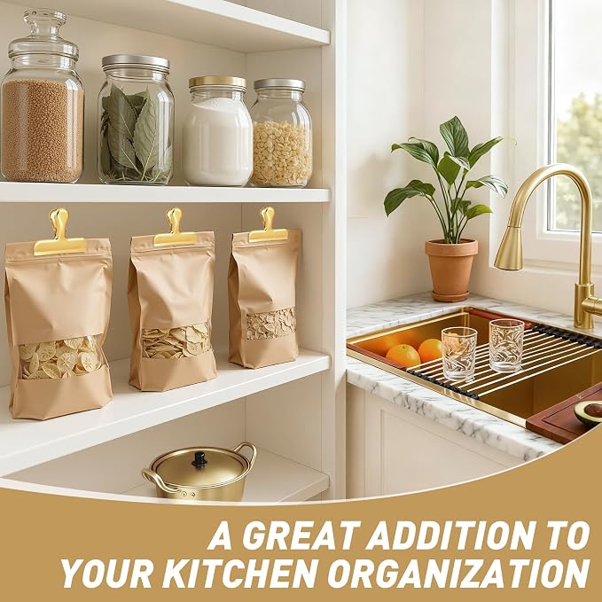 Funfery Chip Clips Bag Clips Gold Stainless Steel Clip for Food Storage,Air Tight Seal Chip Bag Clip 3 Inch Strong Food Clipp for Snack,Chips,Kitchen Decor,Home&Office Paper Heavy Duty-8 Pack