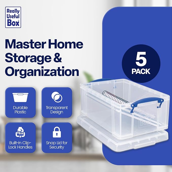 Really Useful Box Stackable 9 Liter Plastic Storage Container Bin with Snap Lid and Built-in Clip Lock Handles for Home & Office Organization (5 Pack)