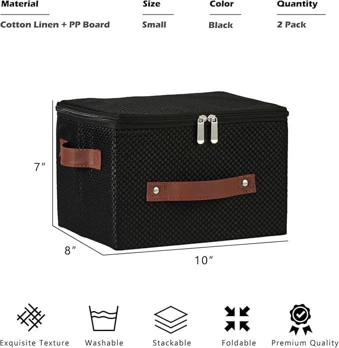 2PCS Storage Bins with Lid Fabric Storage Box Basket PU Leather Handle Textured Woven Cotton Linen Decorative Foldable Washable Shelf Closet Organizer Container (Zipper Lid, Black, Small)