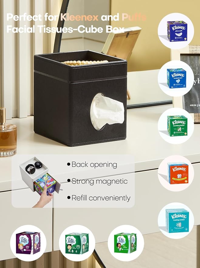 Square Tissue Box Cover Holder with Tray for Kleenex/Puffs Cubes | Gift-Ready for Entryways/Vanities | Stardust Black/Polar Ice/Liquid Iridium | Patented Metal-Look PU Leather-Stardust Black