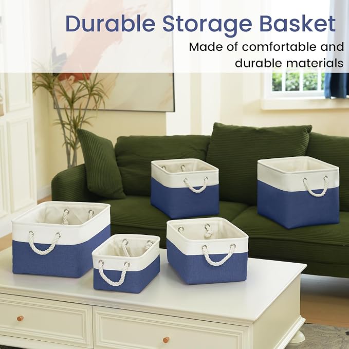Large Storage Baskets- 16x12x12 inch Storage Bins for Shelves and Closet Organizing, Foldable Fabric Bin for Home Organization Clothes and Laundry (1-Pack, White&Blue)