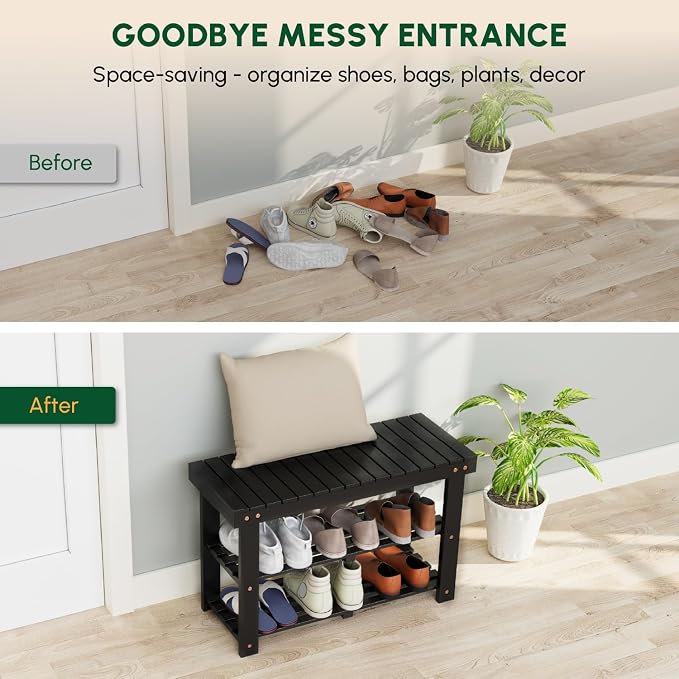 BEEFURNI Wooden Shoe Rack Bench, 3-Tier Wooden Shoe Organizer for Entryway, Aciaca Bench with Shelf, Solid Wood Shoe Storage Bench for Doorway, Hallway, Bathroom, 300 LBS, 1-Year Warranty, Black