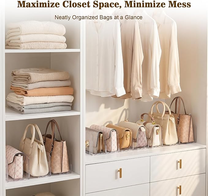 7 Pack Clear Acrylic Purse Divider, No Assembly,Adjustable Handbag Organizer, Anti-Scratch Closet Shelf Storage for Bags, Books & Files