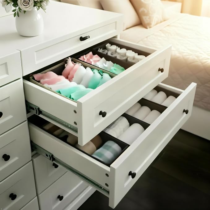 Bructhun Sock Drawer Organizer 9 Pack - Collapsible Fabric Storage Bins for Underwear Divider, Small Closet Organizers with 9 Compartments, Light Gray