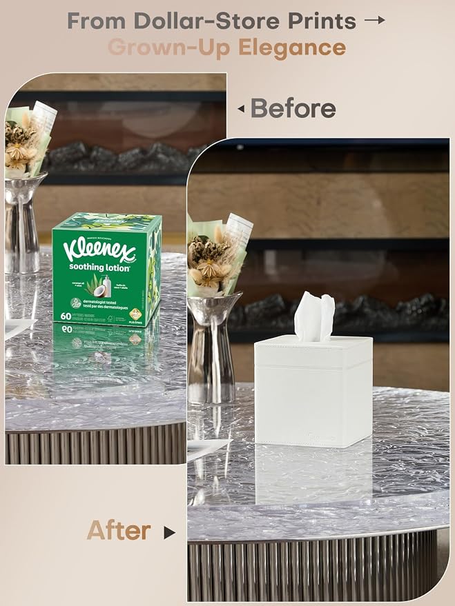 Square Tissue Box Cover Holder with Patented Texture for Kleenex/Puffs Cubes | Desktop & Shelf Decor | Stardust Black/Polar Ice/Liquid Iridium | Patented Metal-Look PU Leather -Polar Ice