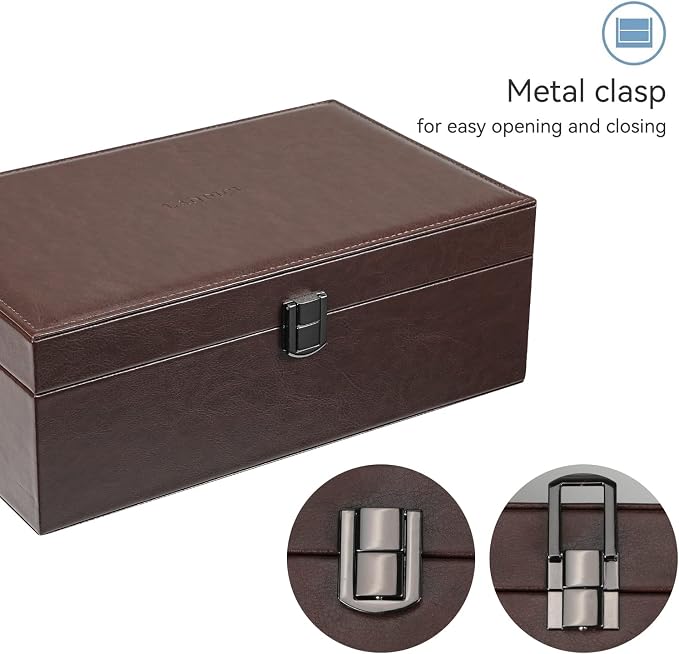LANDICI Jewelry Box Organizer for Men Women, 2 Layer 4 Slot Watch Storage Case with Removable Tray, PU Leather Large Jewellery Holder Display for Watches Sunglasses Rings Earrings Necklace, Coffee