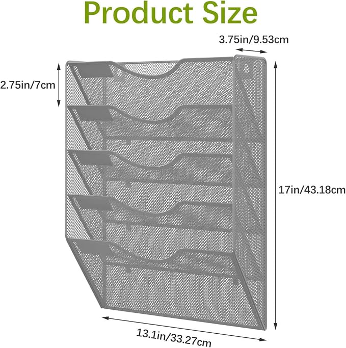 EasyPAG Wall File Organizer 5 Tier Hanging Paper Folder Holder, Zero Assembly Metal Mesh Wall Mounted Mail Organizer for Office Home Classroom Narrow Spaces, Silver