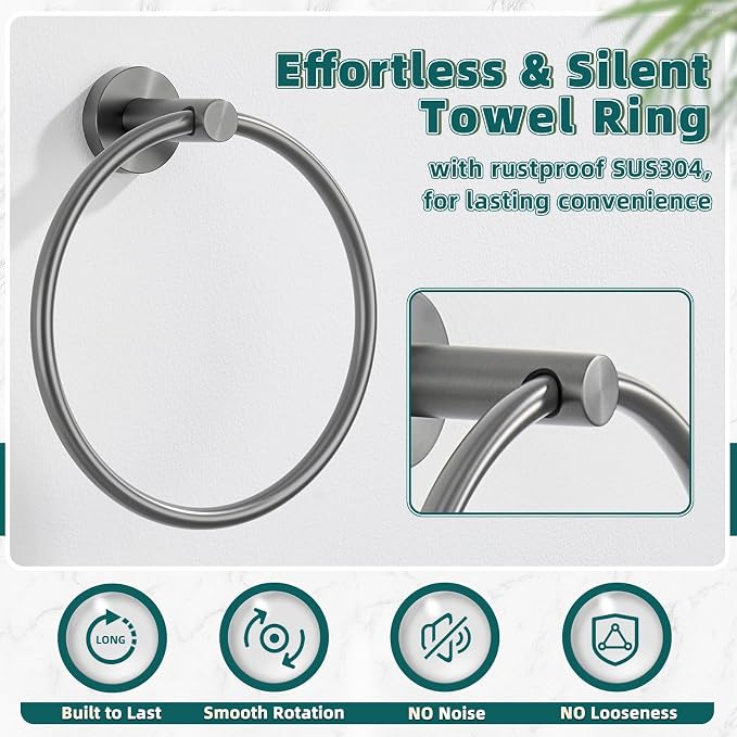 APLusee Gunmetal Gray Towel Ring, 304 Stainless Steel Rustproof Towel Holder for Bathroom Wall Mounted, Easy to Install