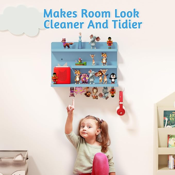 for Tonies Shelf Magnetic - 3 Tier Wooden Tonies Figure Organizer, Blue | Tonies Box Holder, Magnetic Display Shelf for Kids Room, Wall Floating Shelves Toy Storage Compatible Charging Station