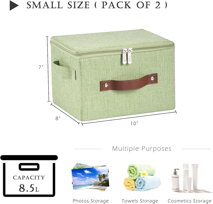 2 Pack Storage Bins with Zipper Lid Cotton Linen Fabric Lidded Storage Baskets Boxes Foldable Washable Closet Shelf Clothes Organizer Container with PU Leather Handles (Green, Small Size)