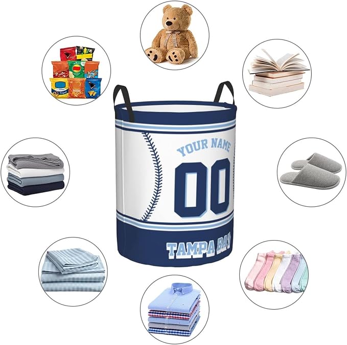 Custom Tampa Bay Laundry Hamper Personalized Laundry Basket Customized Name And Number Collapsible Storage Basket for Bedroom Bathroom Living Room Baseball Fan Gifts