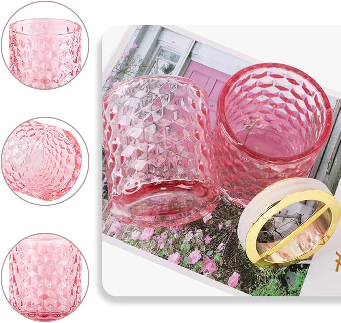 2pcs Pink Toothbrush Holders for Bathrooms, Glass Toothbrush Holder and Bathroom Tumbler Cup Set, Gold Bathroom Tooth Brush Cup Organizer for Brushes,Toothpaste and Razor