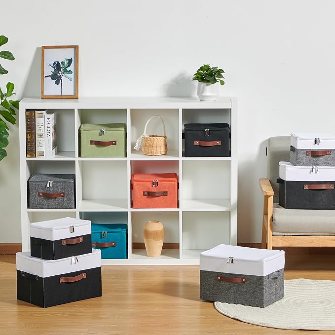Storage Boxes with Zipper Lid Cotton Linen Fabric Lidded Storage Bins Baskets Foldable Washable Closet Shelf Clothes Organizer Container Faux Leather Handles (Gray White, Large)