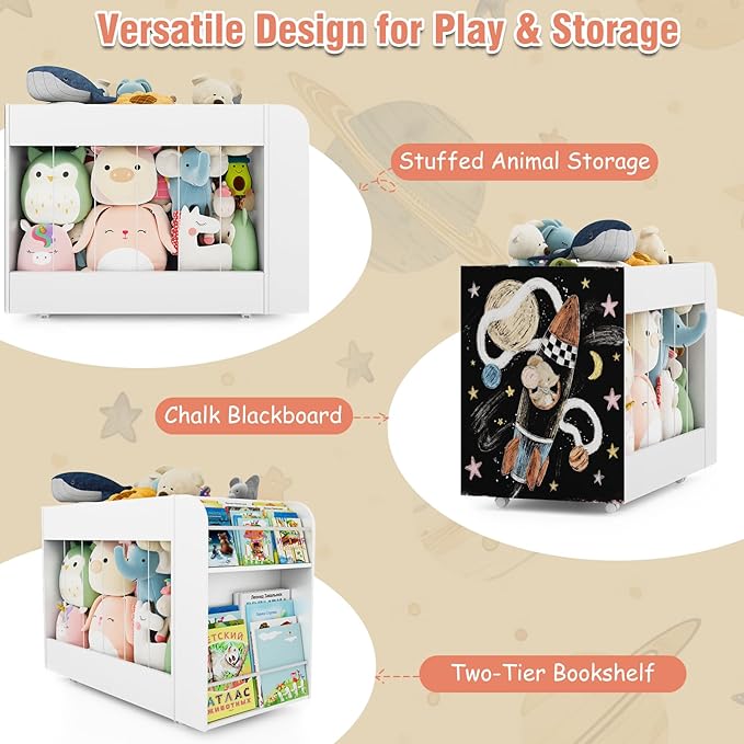3-in-1 Toy Storage Box with Bookshelf and Chalkboard, Large Stuffed Animal Toy Chest on Wheels, Kids Toy Storage Organizer Bin for Kids Room, Nursery & Playroom, for Kids, White