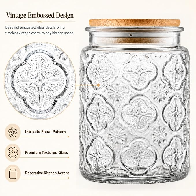 ANSQU Vintage Glass Jar with Bamboo Lid, 23.7 oz Decorative Jar, Cute Jar | Glass Storage Container with Lid, Airtight storage for coffee, tea, sugar, snacks and more.