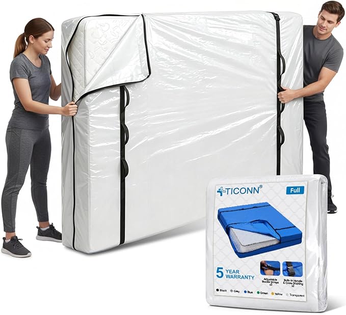TICONN Mattress Bags for Moving, Heavy Duty Full Mattress Cover Storage Bag with Full-Around Handle and Adjustable Buckles (Clear, Full)