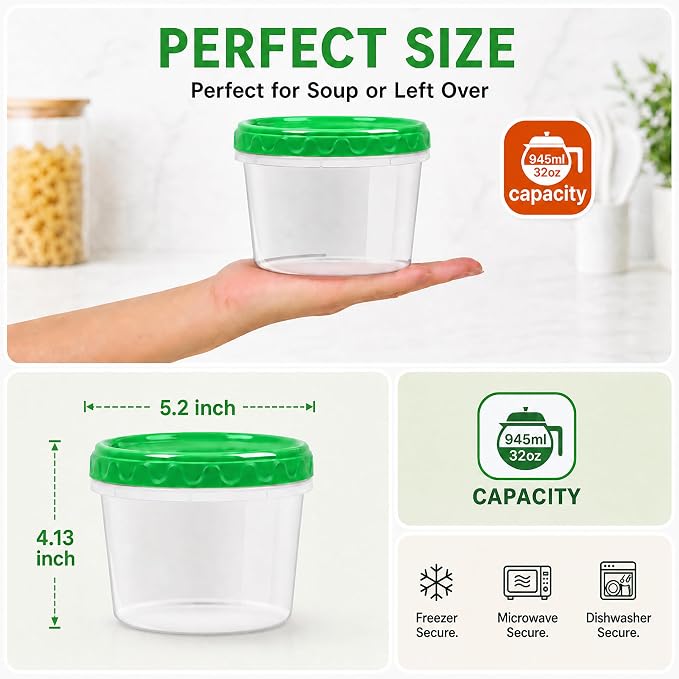 EONJOE 32oz Plastic Freezer Food Leftovers Containers with Lids, 12pcs | Reusable ,Airtight & BPA-free for fresh food. Dishwasher/freezer safe, perfect for daily meal prep, portion control