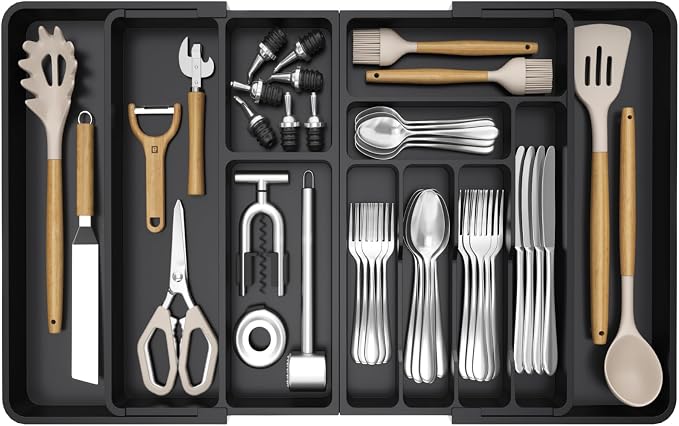 Lifewit Utensil Organizer for Kitchen Drawer, Expandable Cooking Silverware Tray, Adjustable Cutlery Flatware Holder, Plastic Spatula Tools Storage Divider, 21.3- 36 x 16.9", Black