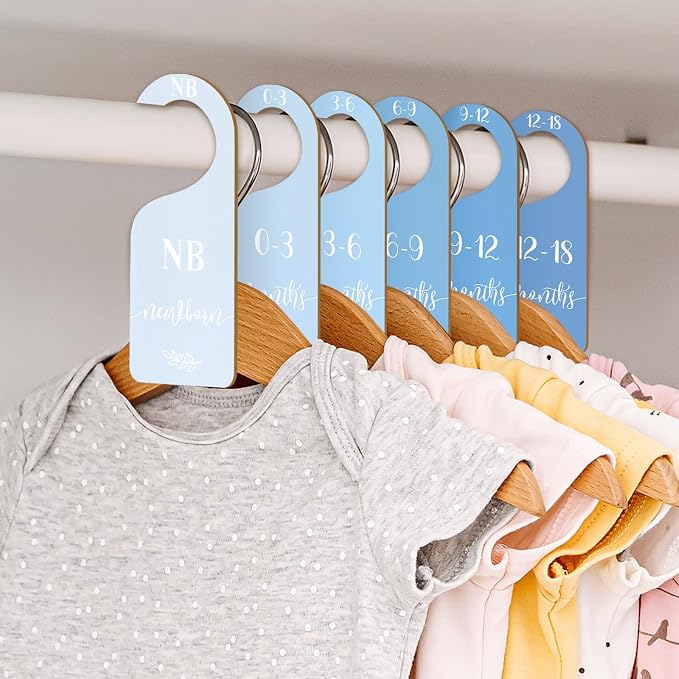 Whaline 7 Pcs Blue Wood Baby Closet Size Dividers with Velvet Bag Newborn to 24 Month Thicken Infant Wardrobe Hanger Organizers for Home Nursery Party Favors Supplies