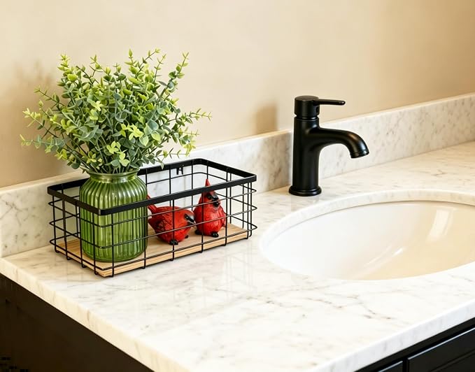ShabbyDecor Farmhouse Metal Wire Basket for Kitchen Cabinets Pantry etc | Detachable Wood Base Storage Organizer for Kitchen Cabinets, Bathroom, Pantry, Laundry Room