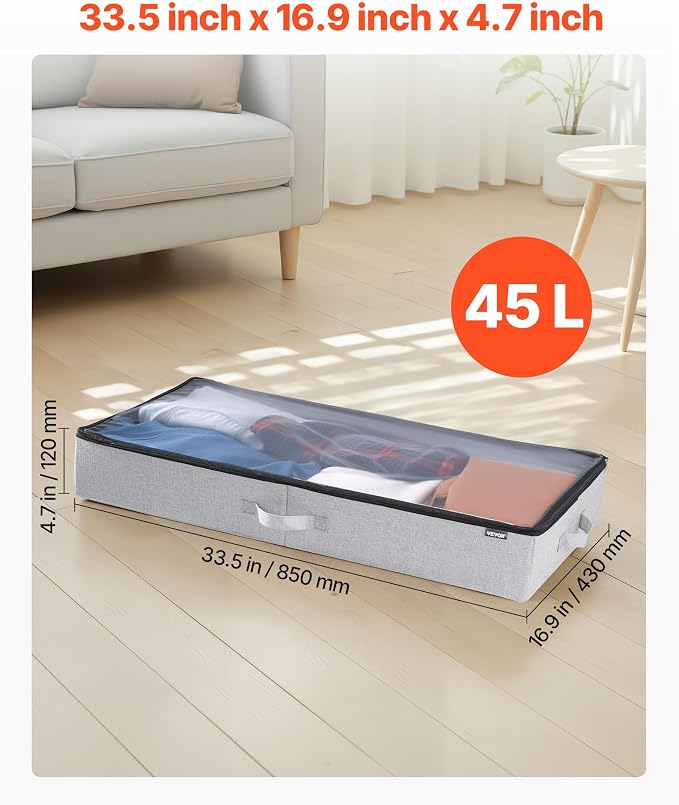 VEVOR Under Bed Storage with Clear Lids, 33.5 x 16.9 x 4.7 Inch, 45L Large Underbed Clothes Storage Containers, Low Profile Under Bed Drawer Shoe Organizer Bins Box for Blanket Shoe Bedroom, 2 Pack