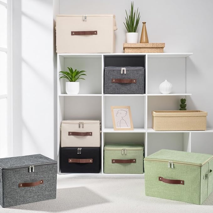 Storage Bins with Zipper Lid Foldable Fabric Lidded Storage Boxes Baskets Cubes Washable Collapsible PU Leather Handle Cotton Linen Fabric Shelf Closet Organizer Container(Black, Small Size)