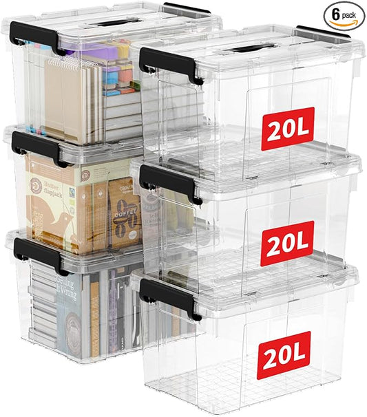 Cetomo Lidded Storage Bin with Handle, Tote Organizing Container with Durable Lid and Secure Latching Buckles, Stackable and Nestable, Plastic, 25 Quart-6 Pack, Clear