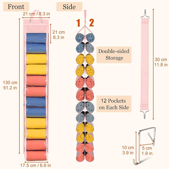 Lirex Hanging Yoga Legging Storage Organizer with 24 Pockets, Foldable Oxford Cloth Hanging Closet Organizer Shirts Jeans Storage Hanger Socks Holder for Family Closet Bedroom, Pink