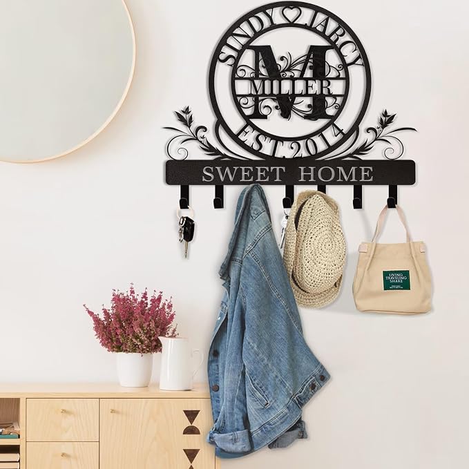 Dyoart Personalized Key Holder for Wall, Custom Family Name Metal Wall Key Hanger, Key Hooks with Monogram Design, Key Rack Holder Wall Mount for Living Room Bedroom, Anniversary Couple Gift