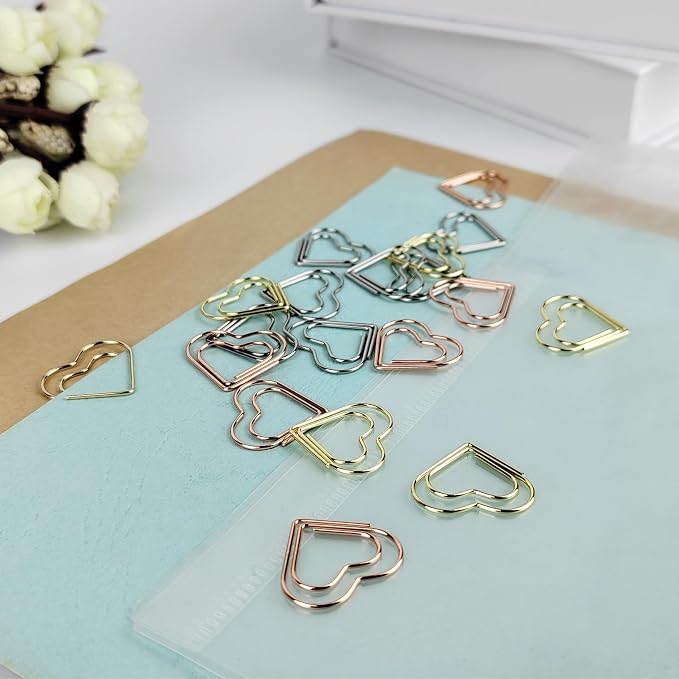 100 Pcs Cute Paper Clips Suitable for Children Ladies Wedding Decoration Document Notes Organization Office Supplies Heart Paper Clips (Rose Gold)