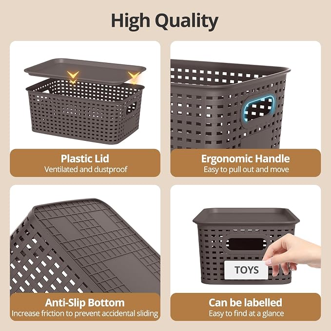 Plastic Storage Basket with Lid, Stackable Small Box Bins for Organizing and Containers for Shelves Drawers Desktop Closet Playroom Pantry Classroom Office Home, 8 Pack 10.2x7.2x4.1 Inch, Brown