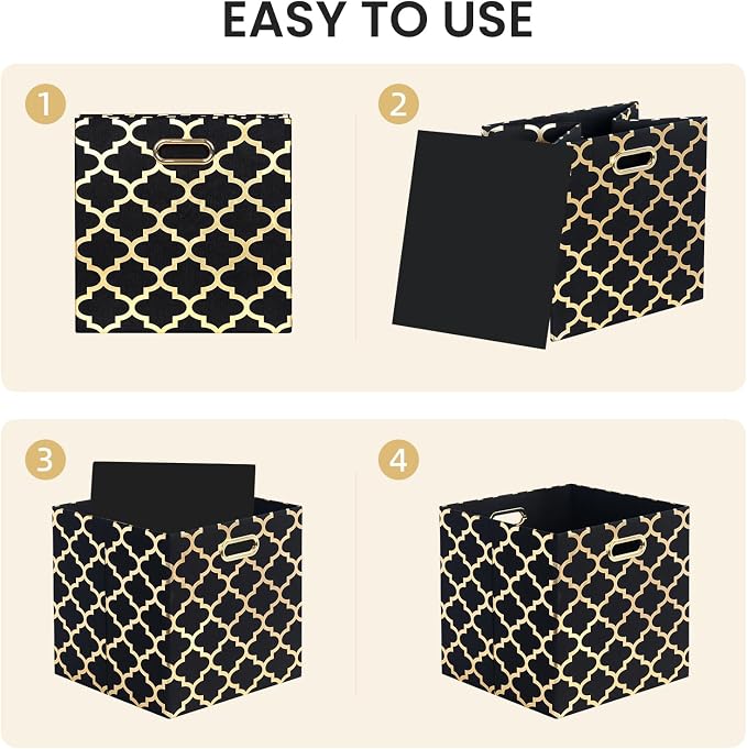 Posprica 13x13x13 Storage Cube Bins, Collapsible Storage Bins Fabric Storage Cubes Organizer Baskets Box Drawers for Shelves, Closet, Wardrobe, Bookshelf, Cabinet,(Set of 4, Black/Gold lantern)