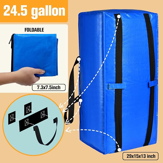 Heavy Duty Blue Moving Bags with Strong Zipper Handles Backpack Straps | 4 Pack Extra Large Storage Bags Totes Moving Boxes Packing Supplies for College Dorm Room Essentials Compatible with IKEA