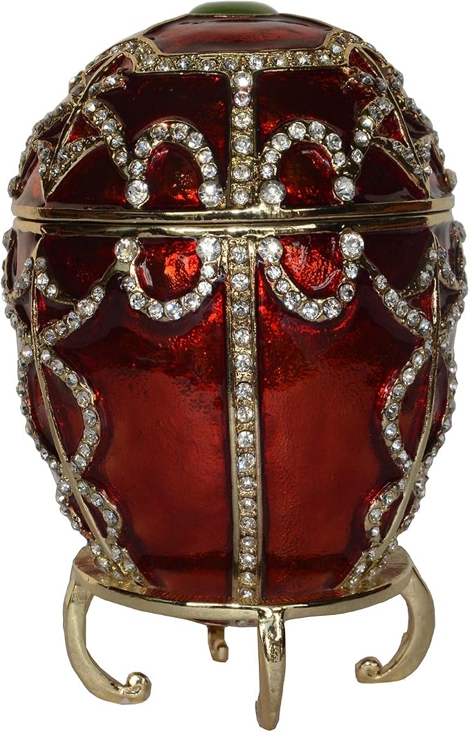 Dark Red Russian Faberge Egg Trinket Box Jewelry Box Hand Painted Decorative Box with Hinged Lid Ring Earring Holder Easter Egg Collectible